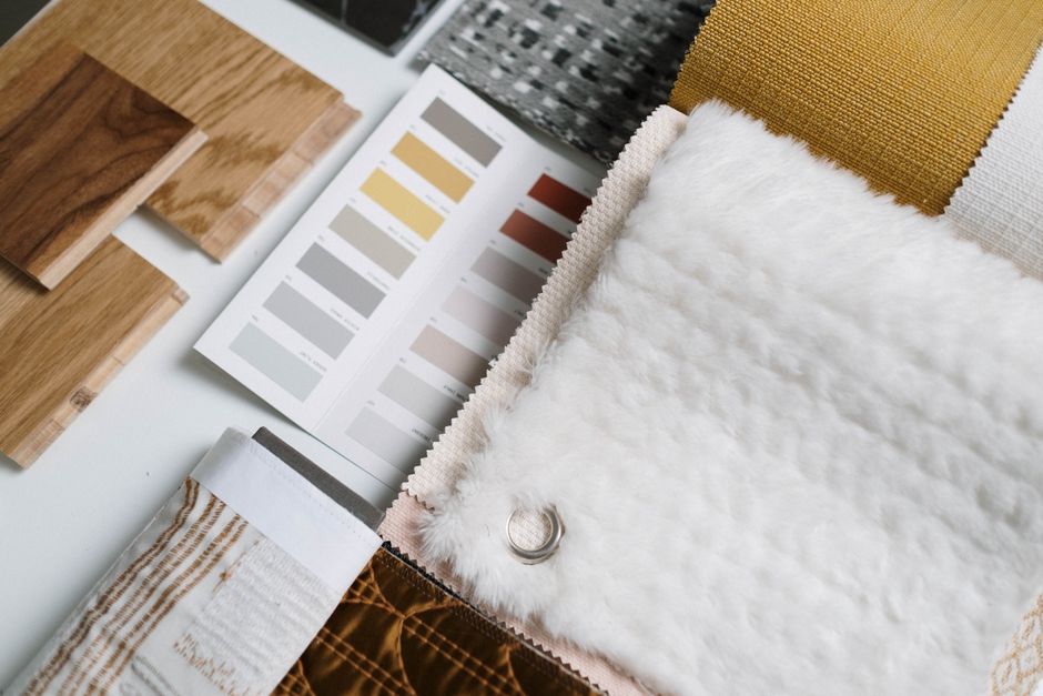 Interior design material samples and cabinet finishes